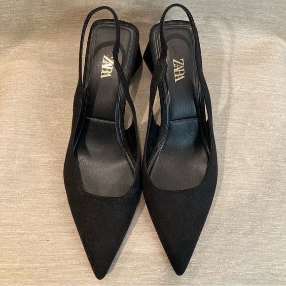 ZARA Sz 40 Pointy Toe  Faux Suede Golden Inside Squarish Heel Slingback Shoes - Picture 3 of 11
